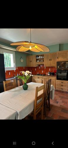 une cuisine avec une table avec un vase de fleurs dessus dans l'établissement VILLA FAMILIALE 5 chambres dans un écrin de verdure à 15 MNS DES PLAGES, à Mellac