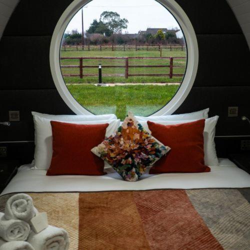 a bed with pillows and a window with a view of a field at Hidden Acres- Luxury Glamping Pod Mint in Malahide