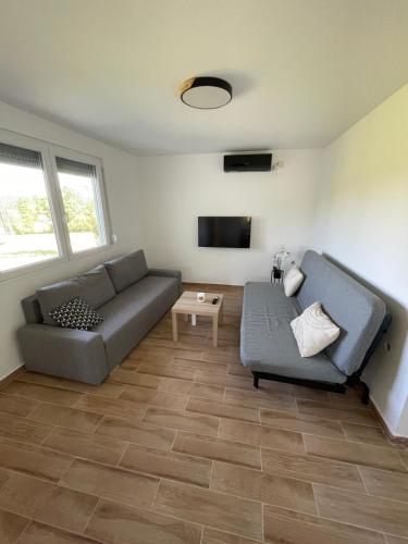 a living room with a couch and a tv at Deda Momirov zavičaj in Tulež