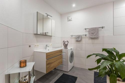 a bathroom with a sink and a washing machine at Appartment Dorfblick in Wildschönau