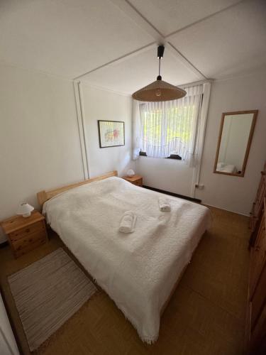 a bedroom with a large bed and a window at Romantic bungalow in Balatonudvari