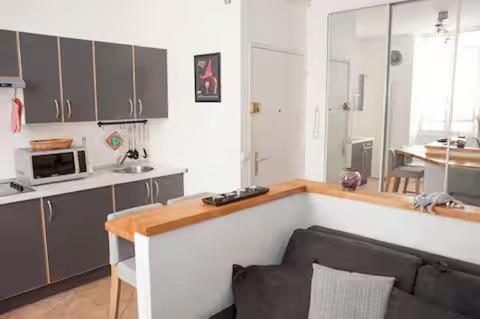 - une cuisine avec un comptoir et un four micro-ondes dans l'établissement Au cœur de Cannes, à Cannes