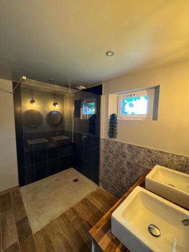 une salle de bain avec douche et lavabo dans l'établissement Gîte avec piscine, à Pezou