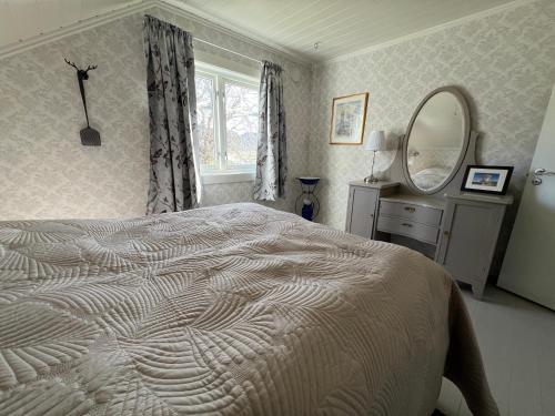a bedroom with a bed and a large mirror at Storåkeren - landlig idyll i Bindal 