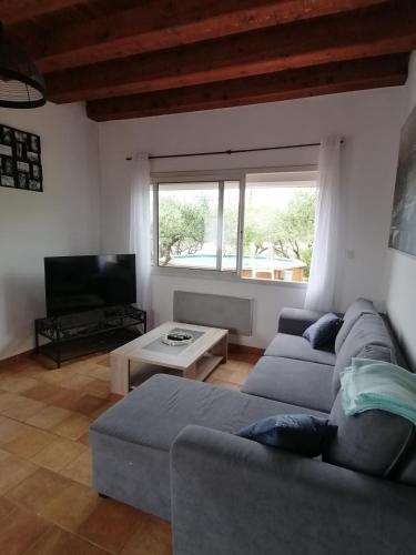 un salon avec un canapé et une télévision dans l'établissement Charmante petite Villa, à Boisset-et-Gaujac