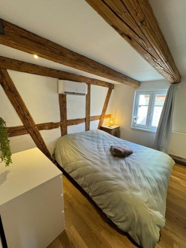 Cette chambre dispose d'un grand lit et de poutres apparentes. dans l'établissement Maison Alsacienne Centre Alsace, à Hilsenheim