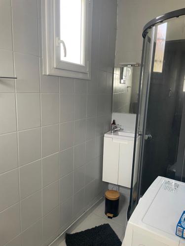 une salle de bain avec une douche, un lavabo et un miroir dans l'établissement Sion sur locean, à Saint-Hilaire-de-Riez