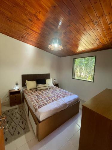a bedroom with a large bed with a wooden ceiling at Casa da Dorinha in Teresópolis
