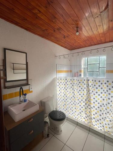 a bathroom with a sink and a toilet and a window at Casa da Dorinha in Teresópolis