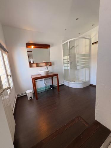 a bathroom with a sink and a glass shower at Domaine la Yole Wine Resort in Vendres
