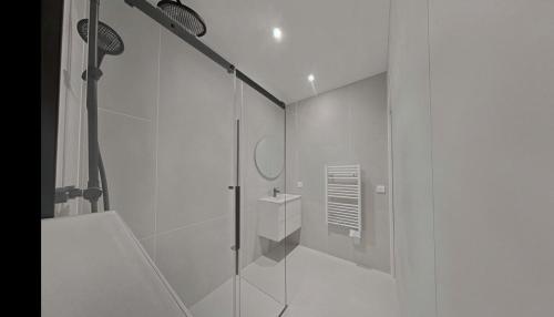 une salle de bain blanche avec une douche et un lavabo dans l'établissement Charmant studio contemporain, à Montpellier