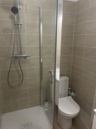 une salle de bain avec douche et toilettes dans l'établissement Studio à Sanary-Sur-Mer avec balcon à 200m du port, à Sanary-sur-Mer