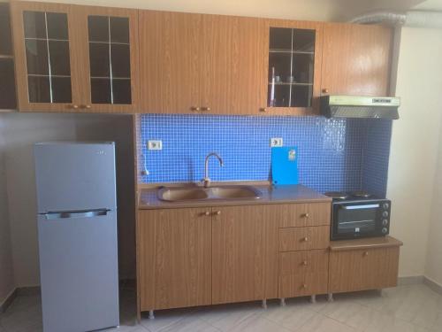 a kitchen with a white refrigerator and a sink at Aria Apartments in Borsh