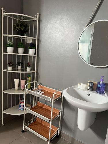a bathroom with a sink and a shelf with potted plants at Family Haven Serin West Tagaytay - 6 Pax - Taal View - Full Kitchen - FAST Wi-Fi in Tagaytay