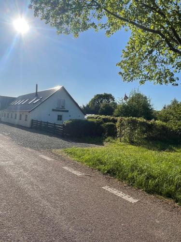 a white barn on the side of a road at Lindegaarden in Ringsted
