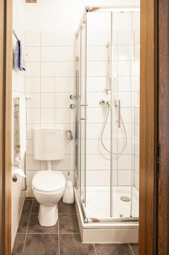a bathroom with a toilet and a shower at Pension Märkl Augsburg in Augsburg