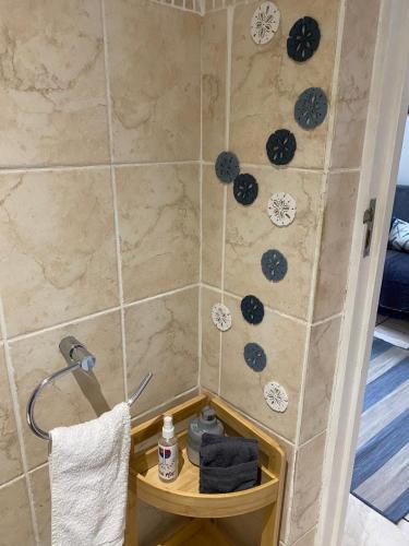 a shower with blue and white clocks on the wall at Salt & Cellar - Paarl - Self Catering Apartment in Paarl