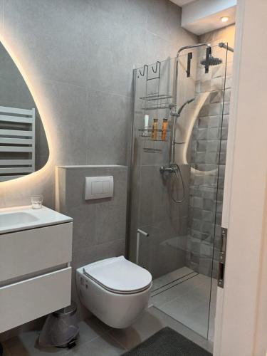 a bathroom with a shower and a toilet and a sink at Beach studio KATE - Wake up to the sea, terrace, garden & parking, Murter - Dalmatia in Murter