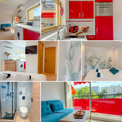 un collage de photos d'une cuisine avec des armoires rouges dans l'établissement Le Santa By ApiRent #Climatisation #Plage #Vue mer, à Cannes