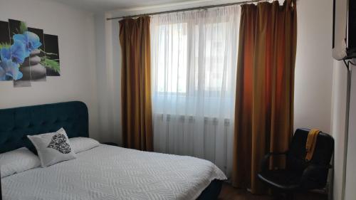 a bedroom with a bed and a window at Apartament Belvedere in Galaţi