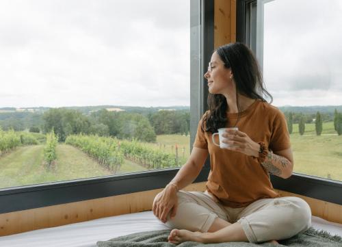 a woman sitting in a window with a cup of coffee at Parcel Tiny House Couronneau près du Périgord in Ligueux