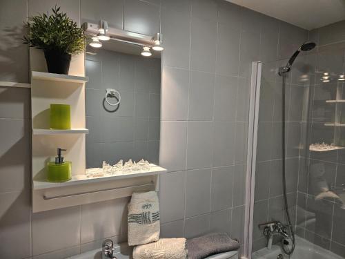 a bathroom with a shower and a sink at Candanchu Maitea in Candanchú