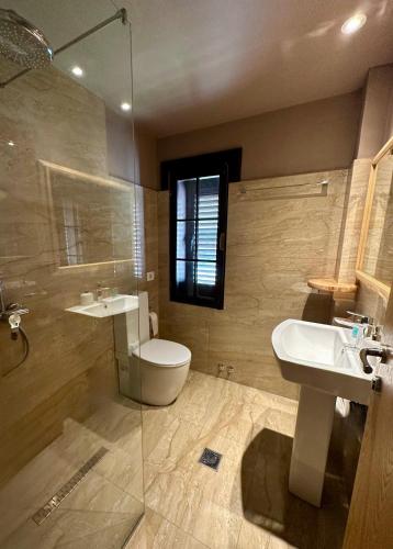 a bathroom with a sink and a toilet and a mirror at Hotel Epidami in Kashari