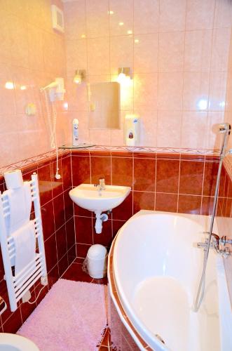 a bathroom with a sink and a tub and a toilet at Penzion Pod Boubínem in Kubova Huť