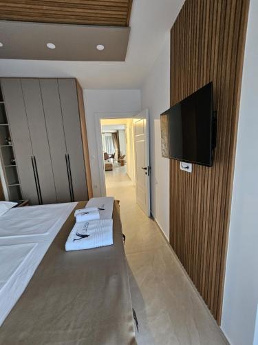 a bedroom with a bed and a flat screen tv at Vienna Luxury Apartments in Dobra Voda
