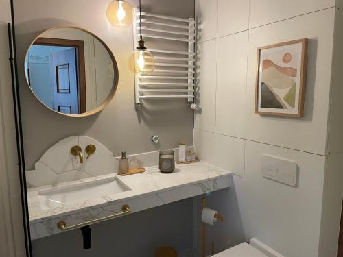 łazienka z umywalką i lustrem w obiekcie Apartament Zeta - Zeta Park w Ustroniu