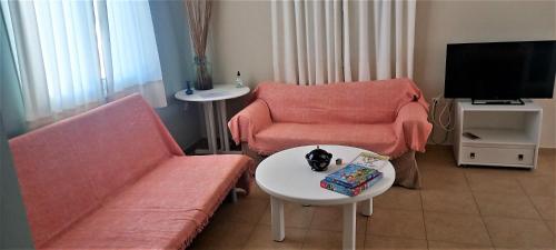 a living room with a couch and a table and a tv at Vetsa's Experience in Tolo