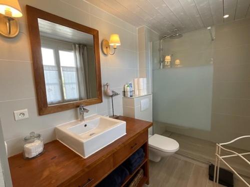 une salle de bain avec un lavabo, des toilettes et un miroir dans l'établissement Family Fun, Beach, Biking and Relaxation, à La Couarde-sur-Mer