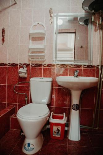 a bathroom with a toilet and a sink at Malibu Guest House in Kapchagay