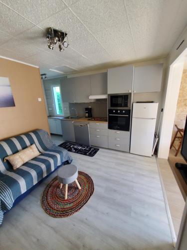 un salon avec un canapé et une cuisine dans l'établissement Petite maison proche rivière, à Vouillé-les-Marais
