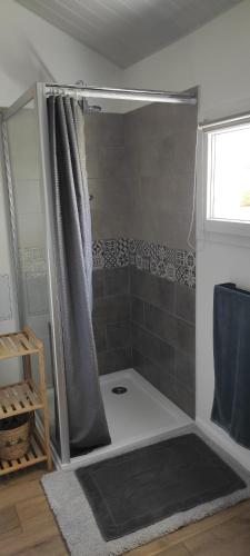 une salle de bain avec une douche avec un rideau de douche dans l'établissement Loft Nature & Bien-Être, à Montcaret