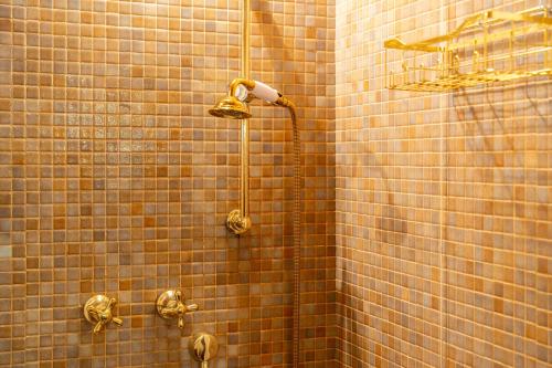 a shower in a tiled bathroom with a shower head at Podere Cerreto in Casole dʼElsa