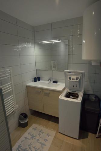 - une petite salle de bains avec évier et cuisinière dans l'établissement Studio de la Grimotière, à Aix-les-Bains