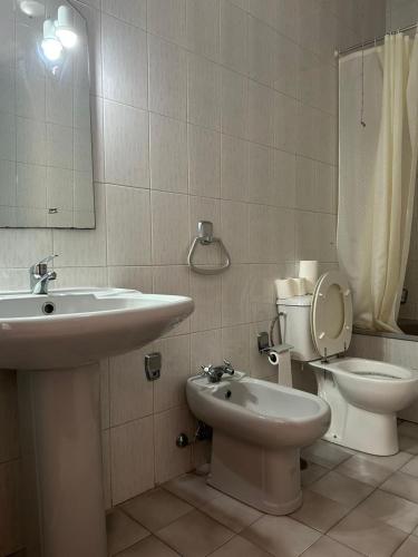 a bathroom with a sink and a toilet and a mirror at Casa Augusta - QUINTA in Penafiel
