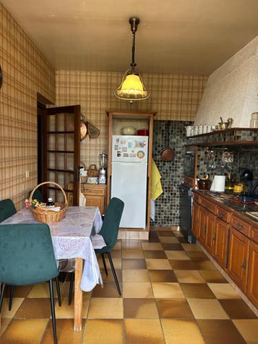 une cuisine avec une table et un réfrigérateur blanc dans l'établissement Appartement lumineux Perpignan Sud - proches commodités, à Perpignan