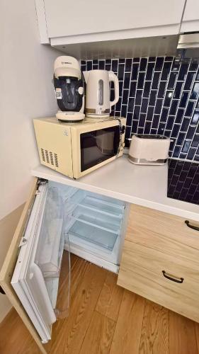 un four micro-ondes installé au-dessus d'un comptoir de cuisine dans l'établissement TOPAZE Centre-ville, WIFI, à Avignon