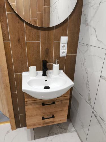 a bathroom with a sink and a mirror at Apartamenty LilaRóż in Brzozie Polskie