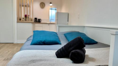 un lit avec des oreillers bleus et des serviettes noires dessus dans l'établissement Studio L'Éclat - Parking - Machine à laver & Wifi, à Troyes