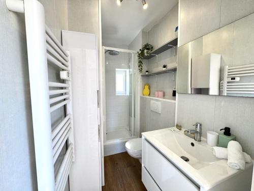 une salle de bain blanche avec un lavabo et des toilettes dans l'établissement ApartHotel Riviera - LES TOITS D AUGUSTIN - Bright Studio with A C - Old town, à Nice