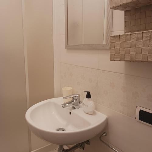 a white sink in a bathroom with a mirror at Affittacamere Il Conte in Follonica