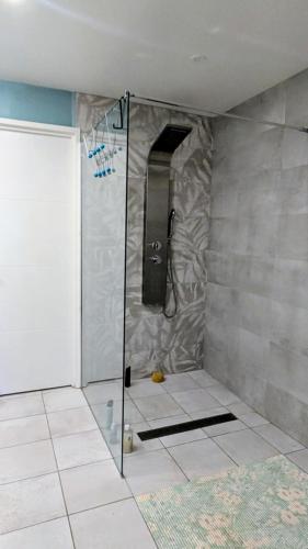 une douche avec une porte vitrée dans une salle de bain dans l'établissement villa spacieuse avec terrasses et équipements prémium, à Bompas