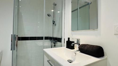une salle de bain blanche avec un lavabo et une douche dans l'établissement Studio L'Essentiel - Parking & Wifi, à Troyes