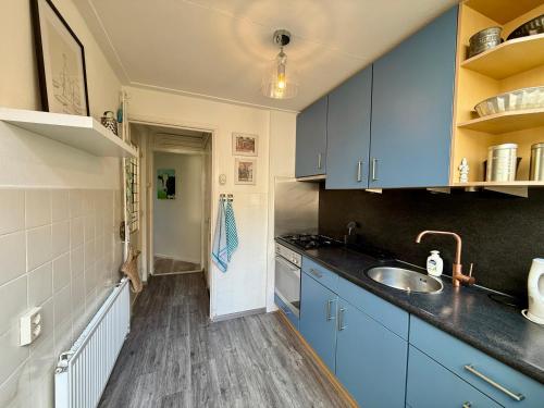 Una cocina con gabinetes azules y un fregadero. en Noordwijk Sur-Mer, en Noordwijk aan Zee