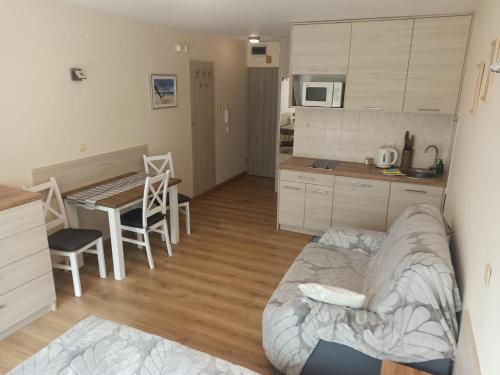 クリニツァ・モルスカにあるApartament Krynica Morskaのキッチン、リビングルーム(ソファ、テーブル付)