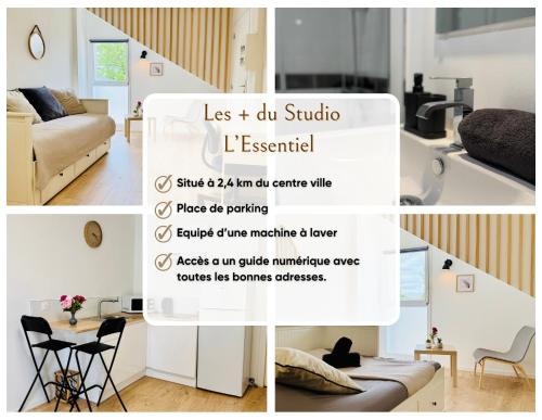 un collage de fotos de una habitación con sala de estar en Studio L'Essentiel - Parking & Wifi, en Troyes