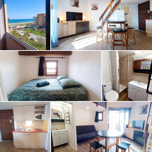 une chambre avec un lit et une chambre avec une table dans l'établissement DUPLEX front de mer, au Barcarès